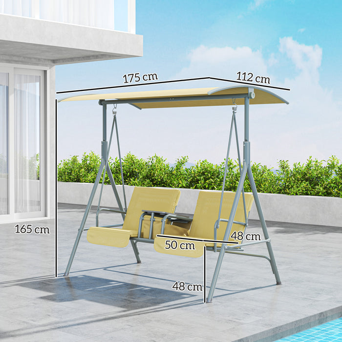 2 Person Covered Patio Swing with Pivot Table & Storage Console Beige