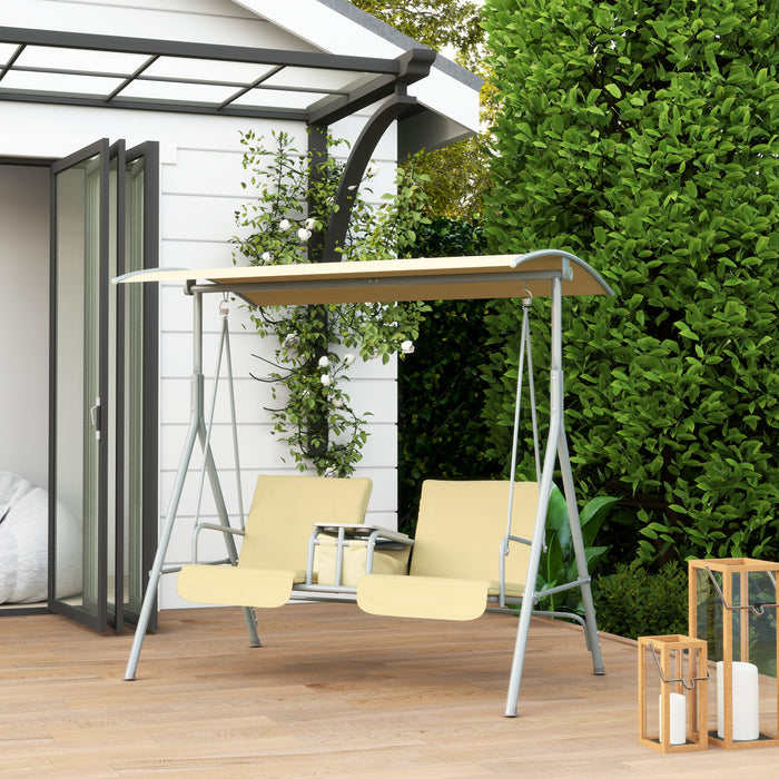 2 Person Covered Patio Swing with Pivot Table & Storage Console Beige