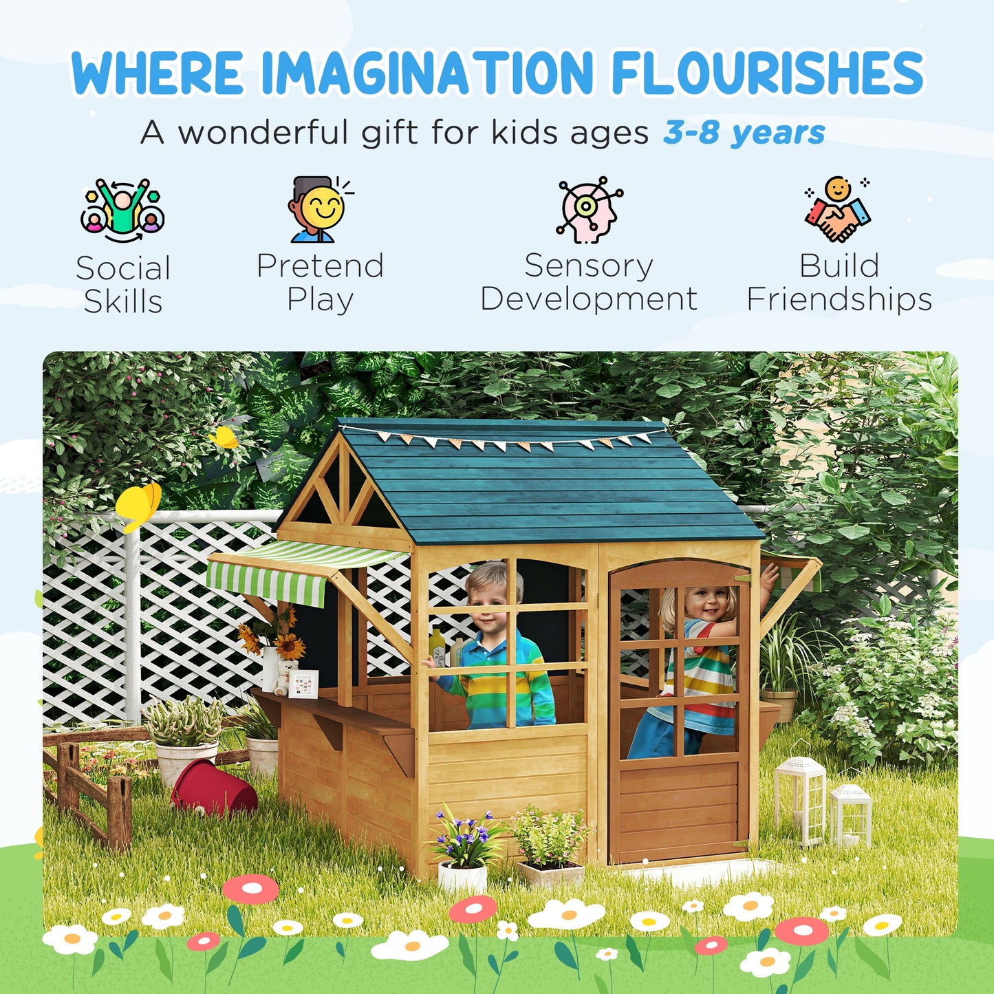 Wooden Playhouse for Kids Outdoor, Foldable Wendy House, Brown