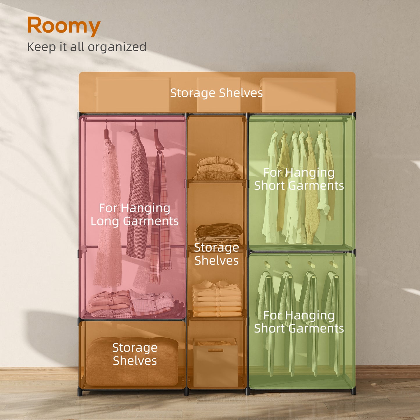 Portable Wardrobe, Open Clothes Wardrobe with 8 Shelves, 3 Hanging Rails, Freestanding Coat Rack Organiser, 182 x 43 x 185cm, Black