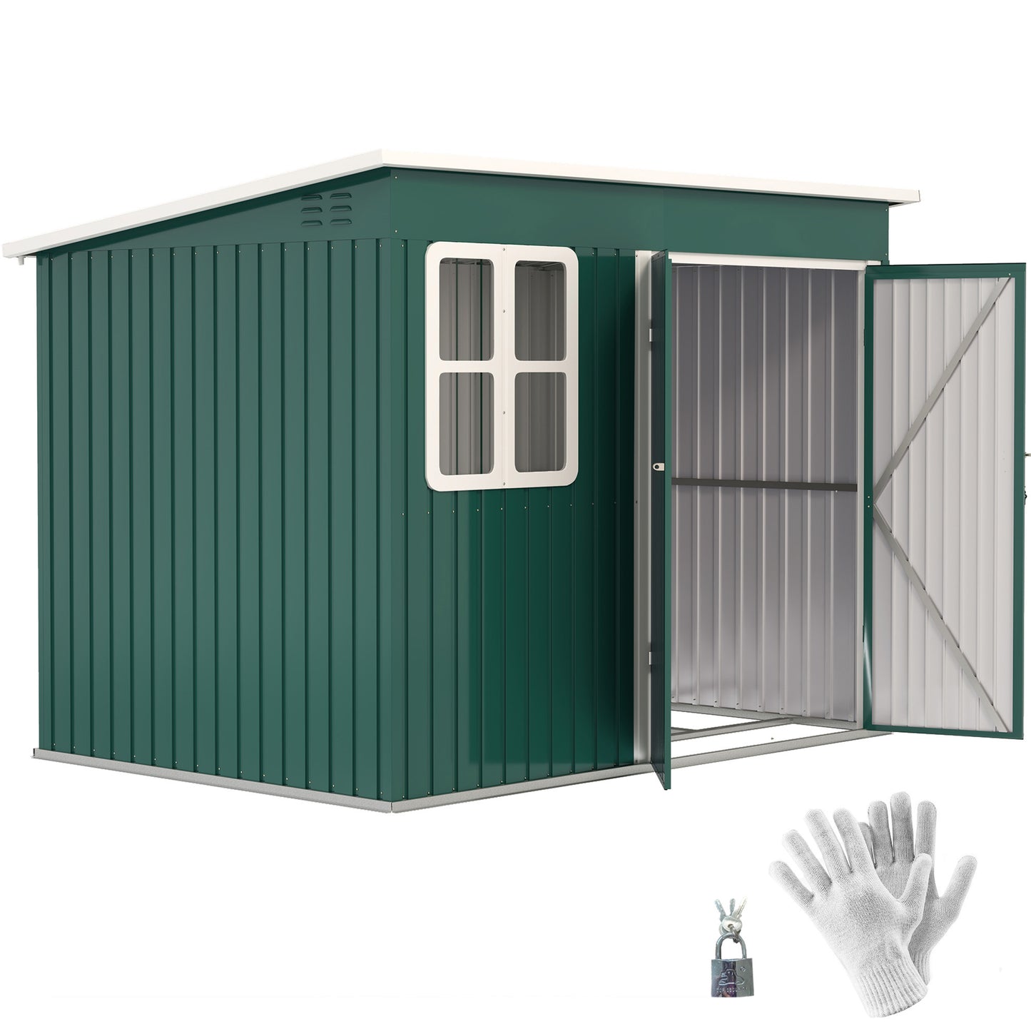8.5 x 6ft Galvanised Steel Garden Shed with Foundation Kit, Green