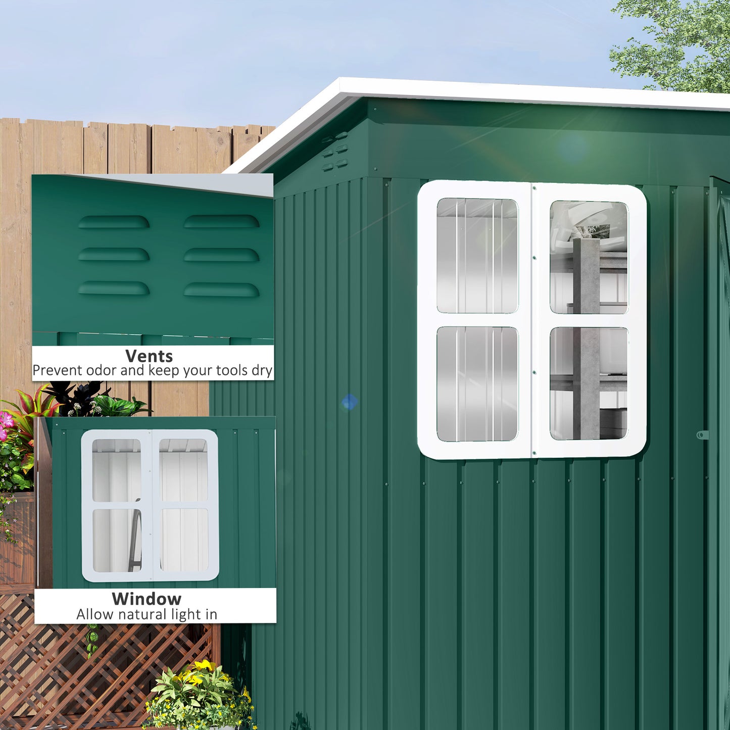 8.5 x 6ft Galvanised Steel Garden Shed with Foundation Kit, Green