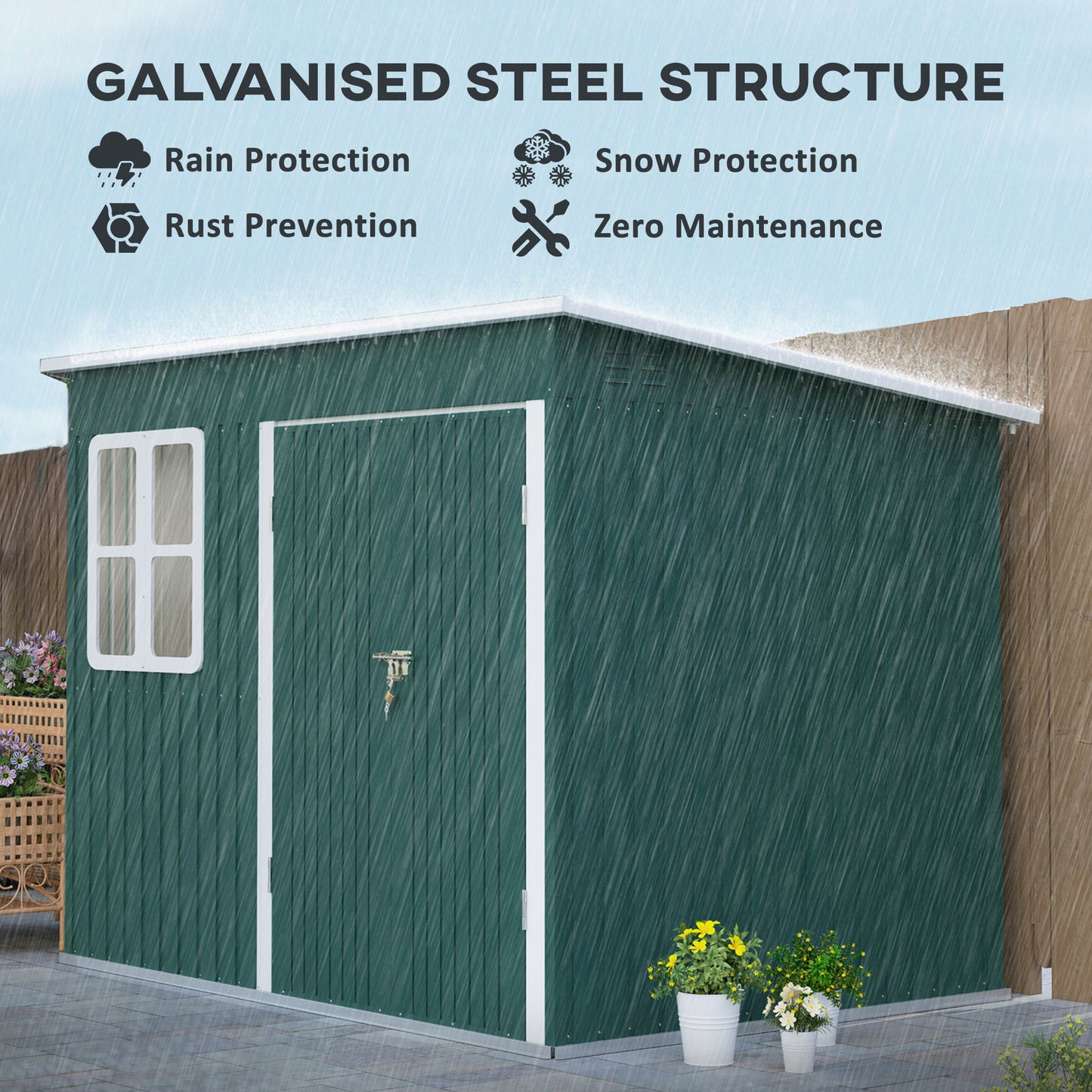 8.5 x 6ft Galvanised Steel Garden Shed with Foundation Kit, Green