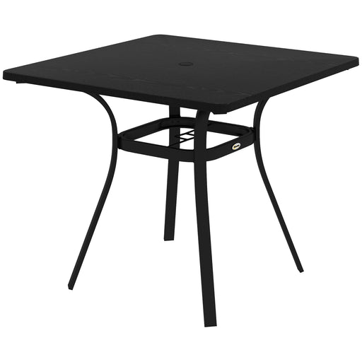 Steel Frame Garden Table with Metal Tabletop, Foot Pads, Umbrella Hole, Modern Design, for Balcony, Porch, Black