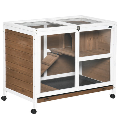 Wood Rabbit Hutch Bunny Cage Pet House Indoor W/ Tray Ramp, Brown