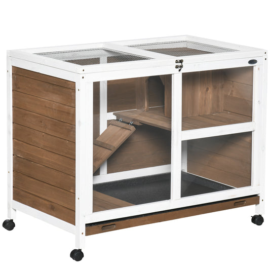 Wood Rabbit Hutch Bunny Cage Pet House Indoor W/ Tray Ramp, Brown