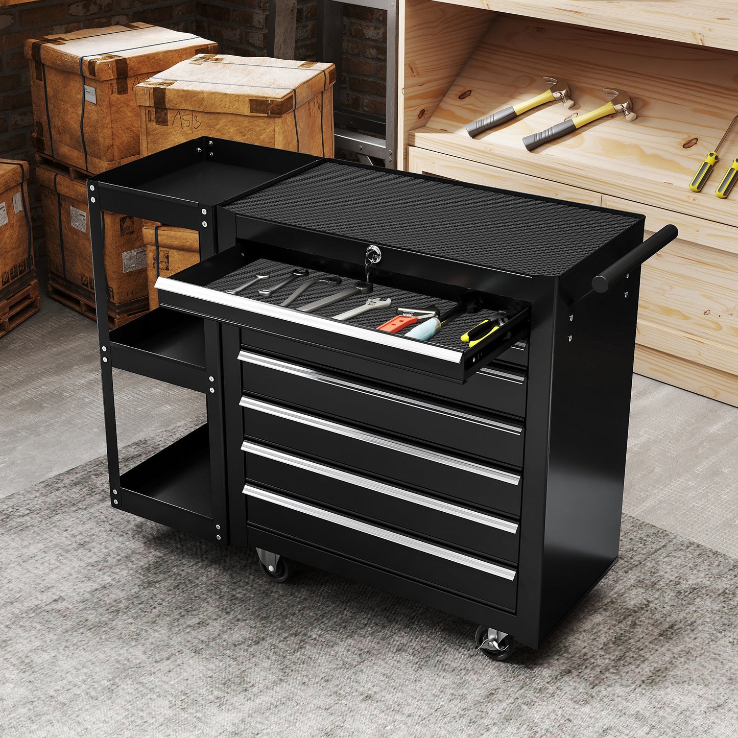 7 Drawer Lockable Steel Tool Chest on Wheels for Workshop, Black