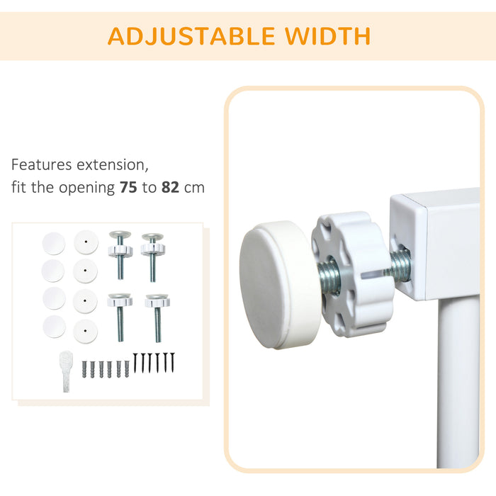 Pressure Fit Safety Gate for Doors and Stairs, Dog Gate with Auto Close, Pet Barrier for Hallways, with Double Locking Openings 75-82 cm White