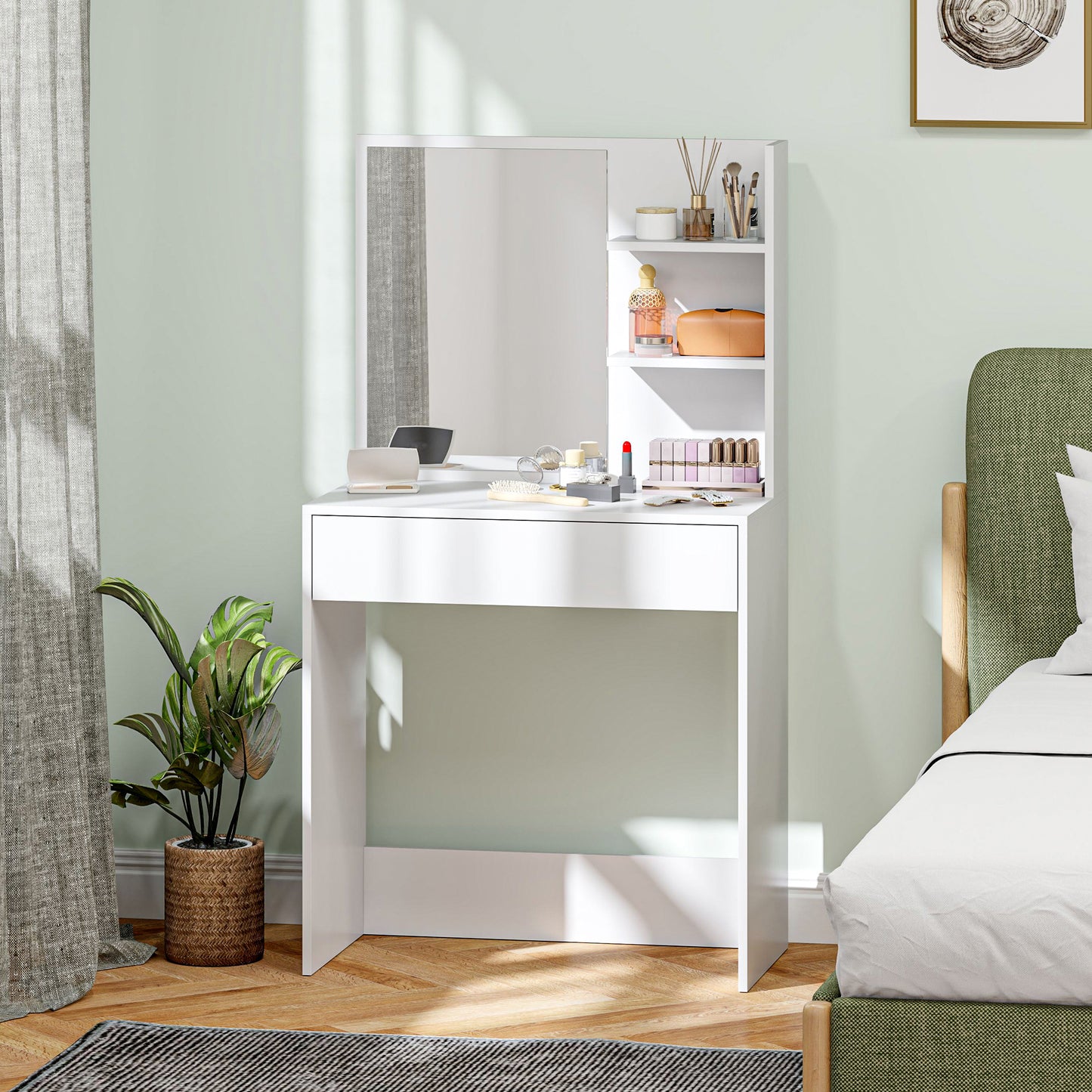 Dressing Table with Mirror and Storage, Modern Vanity Desk, White