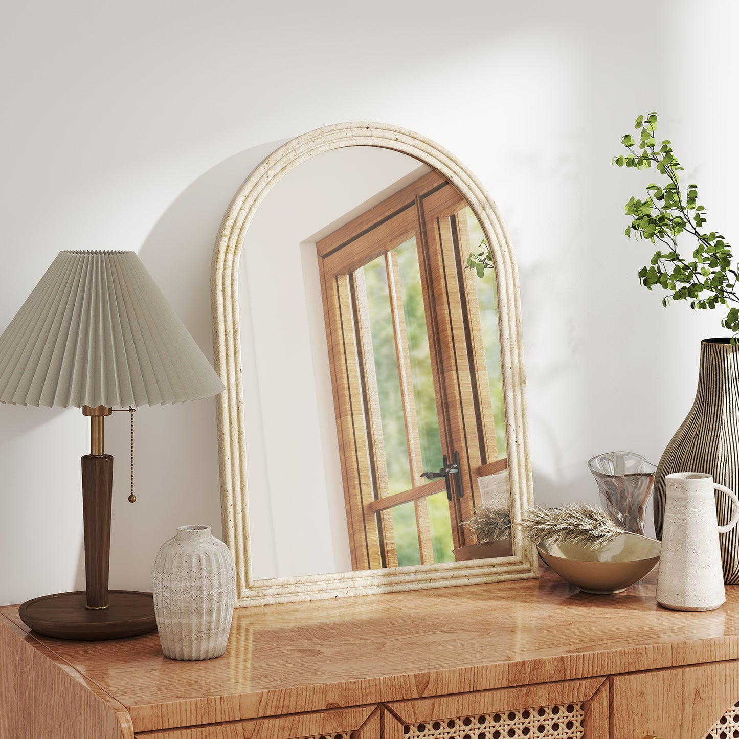 Arched Wall Mirror with Modern Tempered Glass & Polystyrene Beige