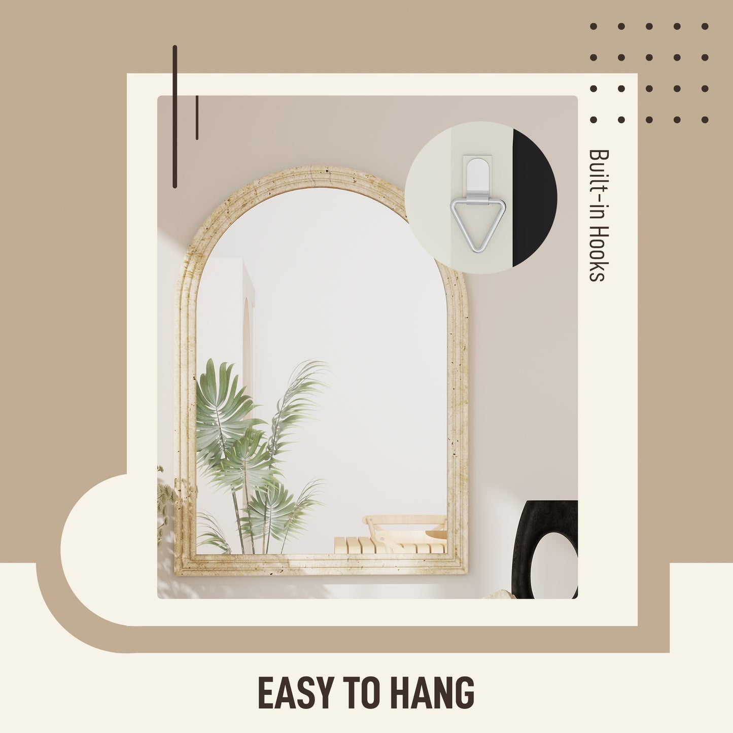 Arched Wall Mirror with Modern Tempered Glass & Polystyrene Beige