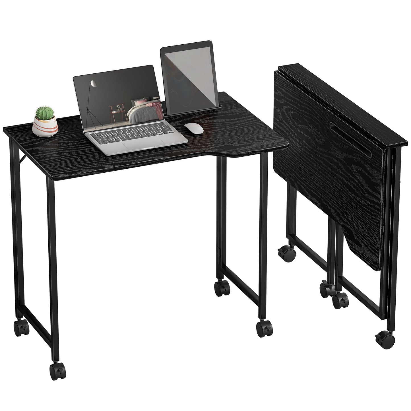 Small Writing Desk with Wheels, Folding Study Table, Black