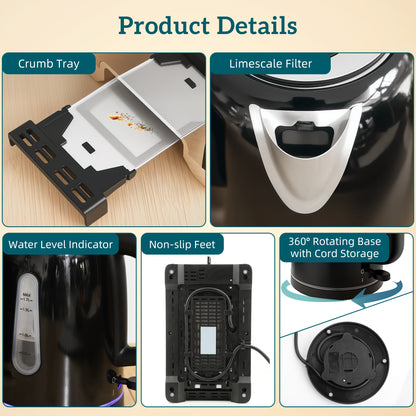 1.7L 3000W Rapid Boil Jug Kettle and 2-Slice Toaster Set, Black