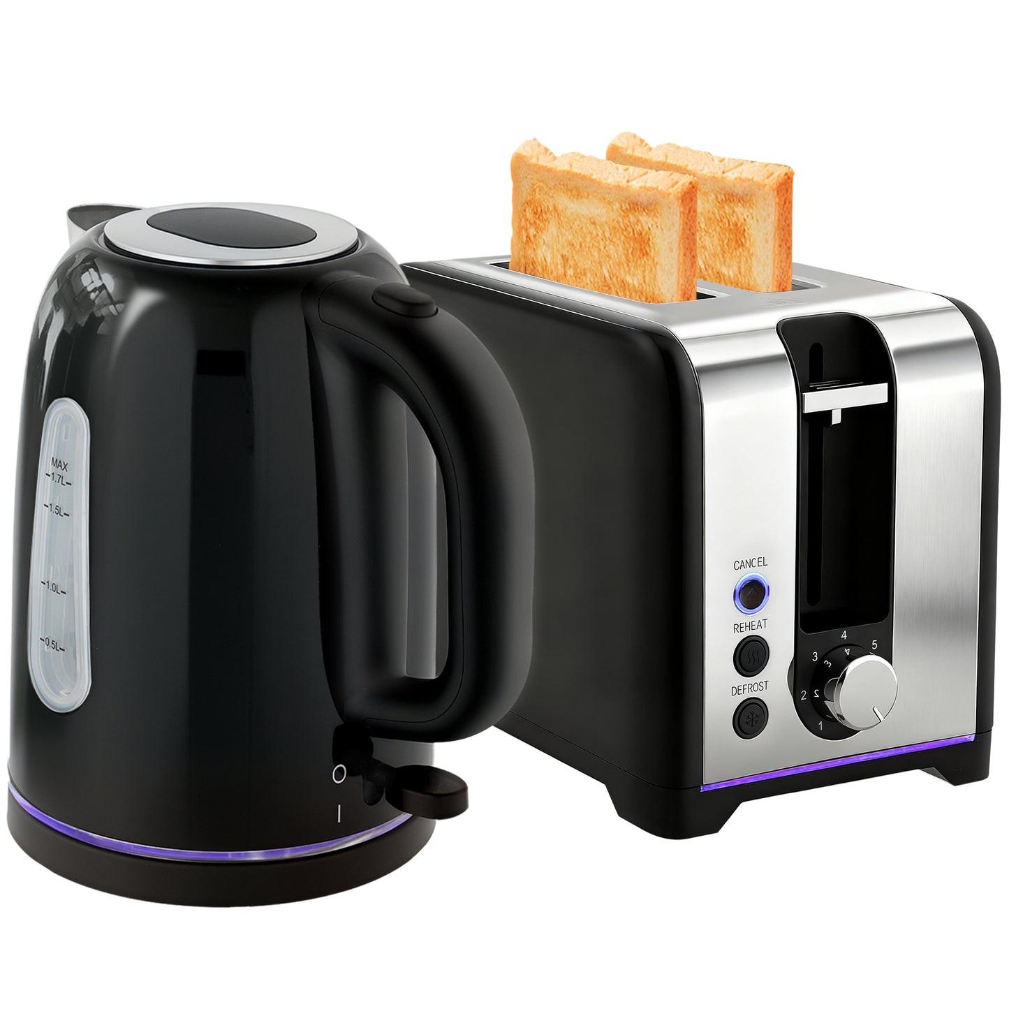 1.7L 3000W Rapid Boil Jug Kettle and 2-Slice Toaster Set, Black