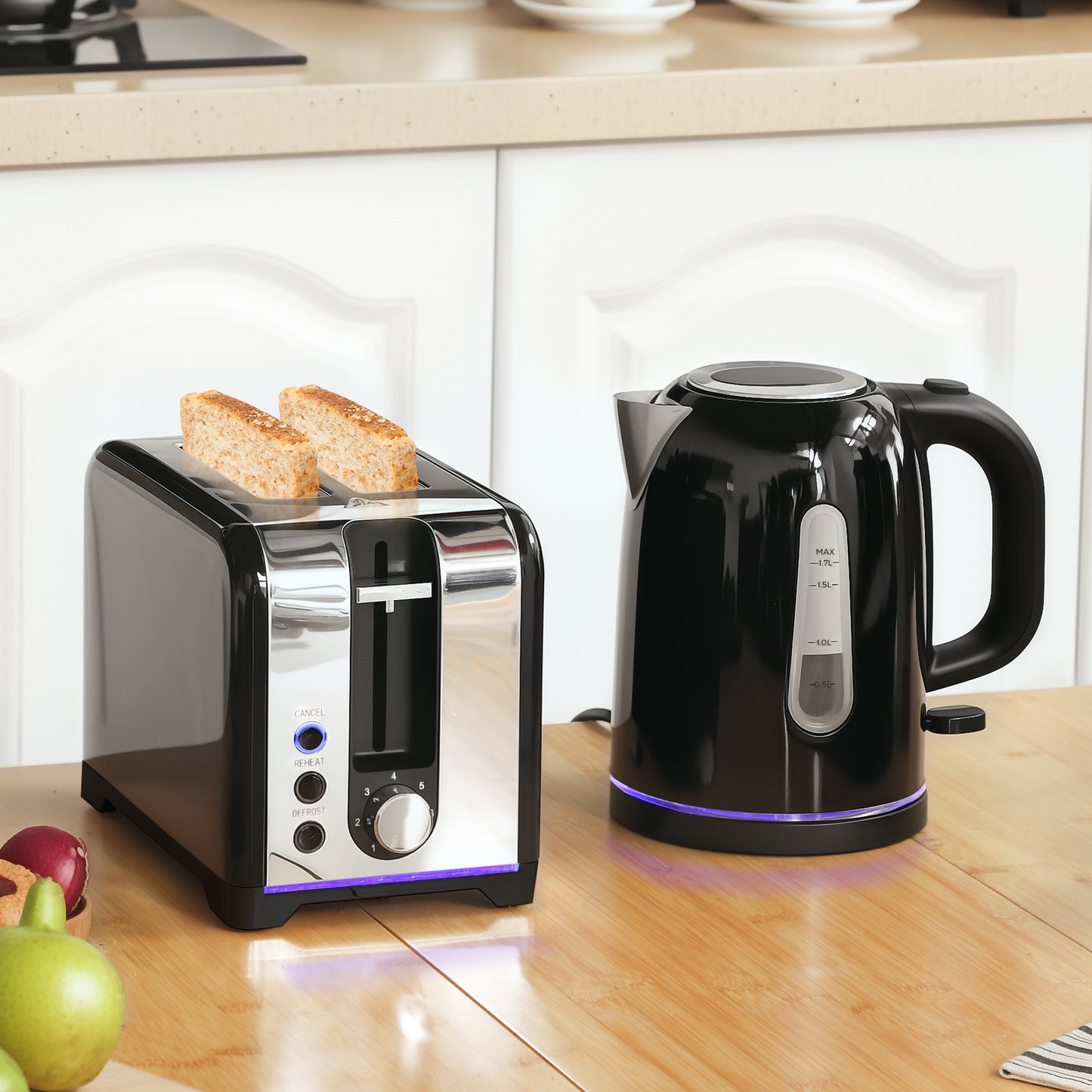 1.7L 3000W Rapid Boil Jug Kettle and 2-Slice Toaster Set, Black
