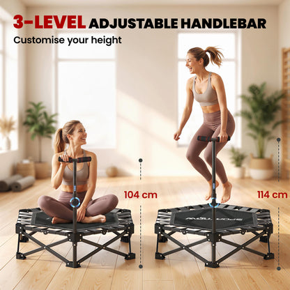 42" Foldable Mini Trampoline, One-Step Fold & Open, Hexagonal Rebounder Trampoline with 3-Level Adjustable Handle for Adults for Indoor Outdoor Workout, Black