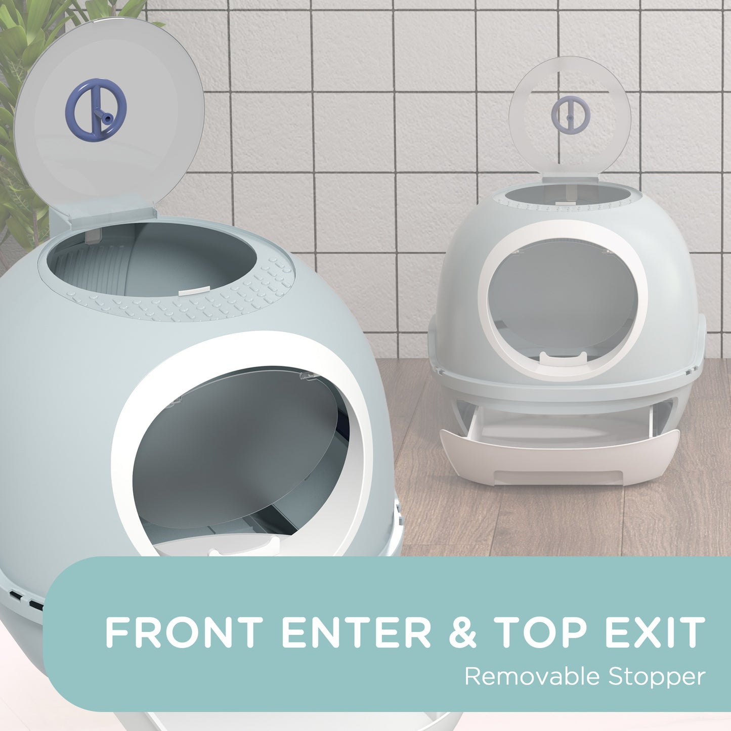 Cat Litter Box Toilet With Litter Scoop Enclosed Drawer Skylight Easy To Clean Blue