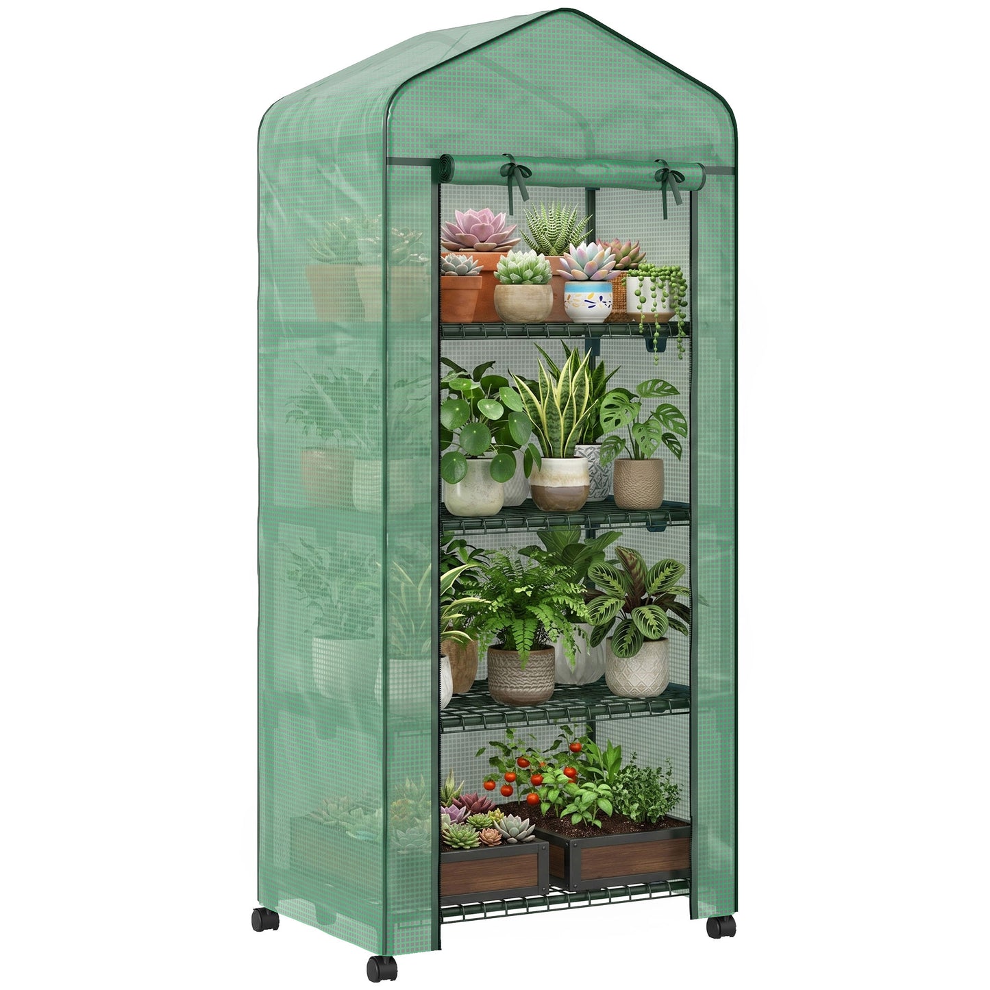 4 Tiers Mini Portable Greenhouse, Compact Plant Grow Shed with Metal Frame and PE Cover, Lockable Wheels, 165H x 69L x 50W cm, Green