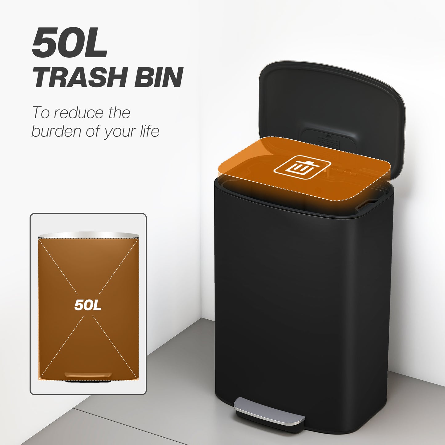Pedal Bin with Soft-Close Lid, 50L Kitchen Bin with Carry Handle Black