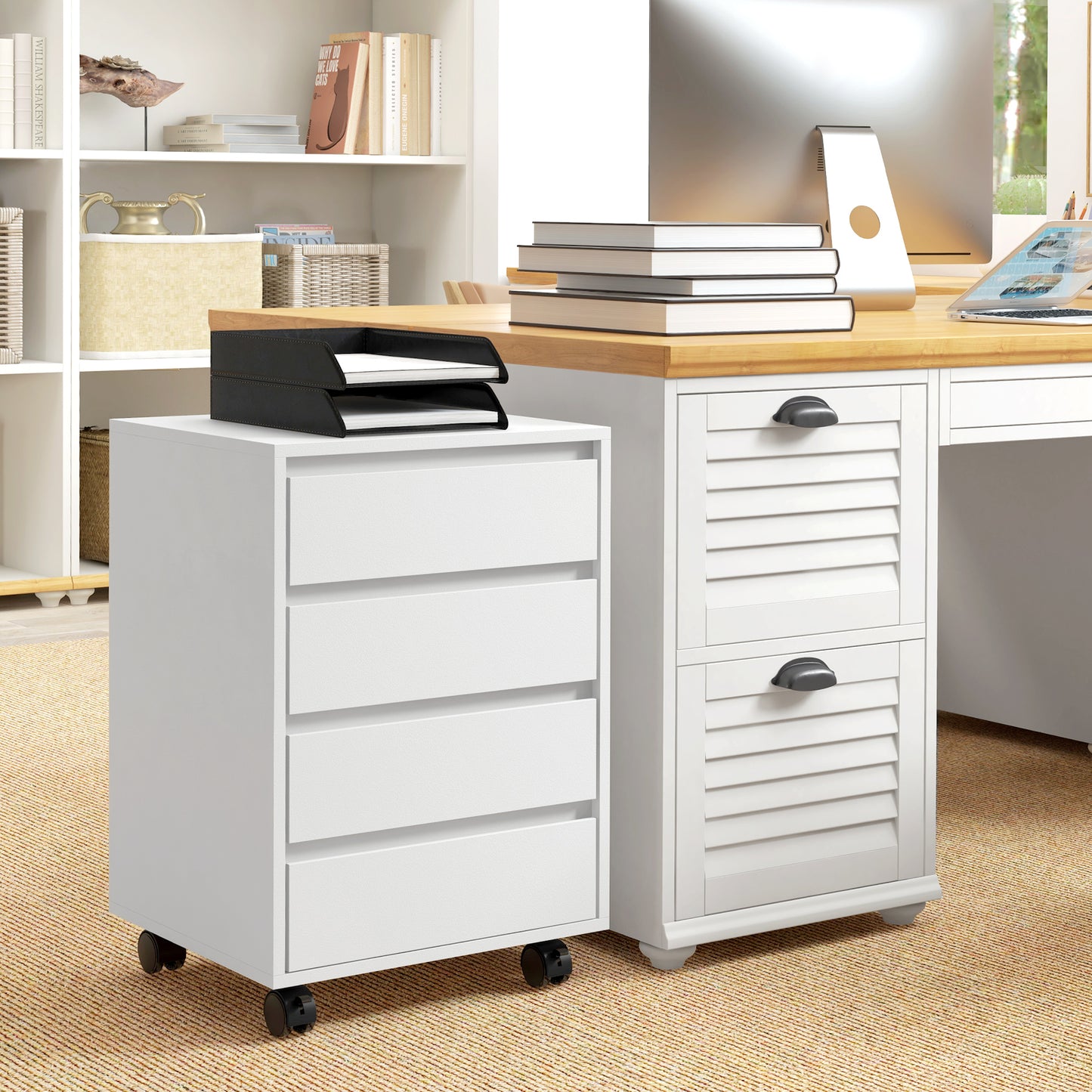 Mobile Vertical Filing Cabinet with 4 Drawers for Home Office, White