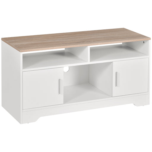 TV Stand for TVs up to 42 Inches with Cabinets, Shelves and Wide Tabletop for Living Room, Bedroom, Dining Room, White and Wood Color