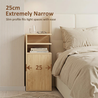 Slim Bedside Table Set of 2 with Open Cubbies and Cupboard, Oak