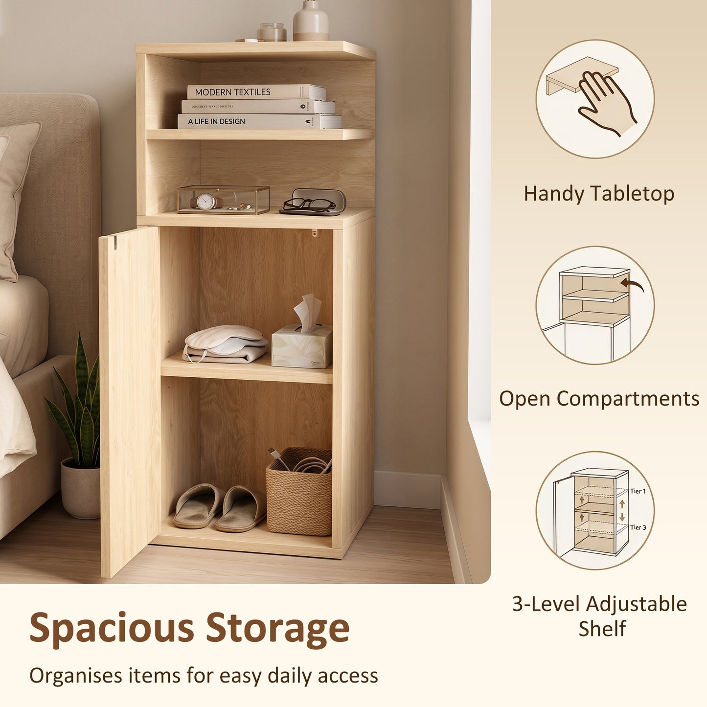 Slim Bedside Table Set of 2 with Open Cubbies and Cupboard, Oak