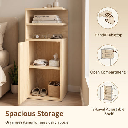 Slim Bedside Table Set of 2 with Open Cubbies and Cupboard, Oak