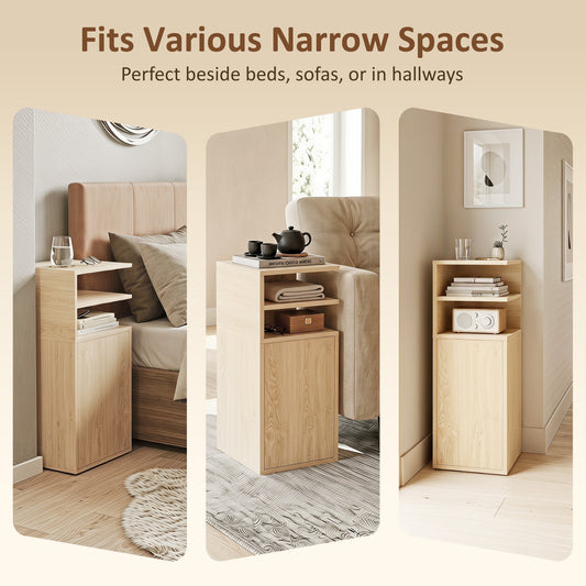 Slim Bedside Table Set of 2 with Open Cubbies and Cupboard, Oak