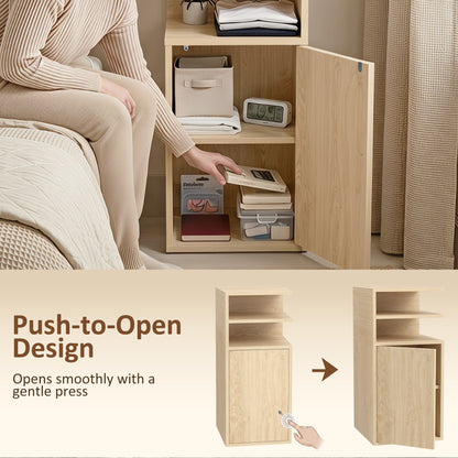 Slim Bedside Table Set of 2 with Open Cubbies and Cupboard, Oak
