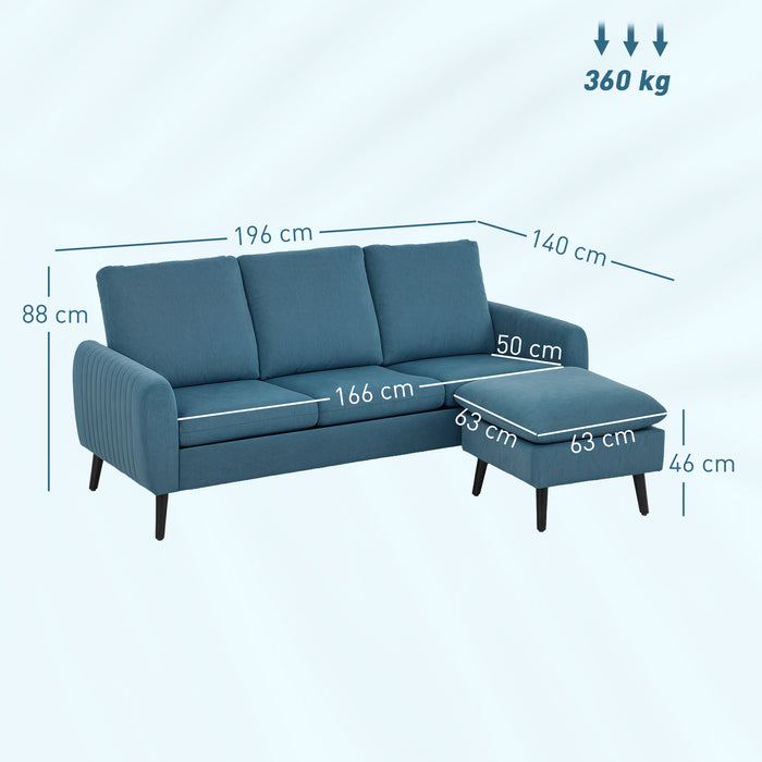 3 Seater Corner Sofa Couch Settee with Chaise Lounge, Blue