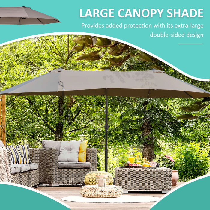 Double Canopy Offset Parasol Umbrella Garden Shade with 12 Support Ribs Crank Handle Easy Lift Twin Canopy Brown