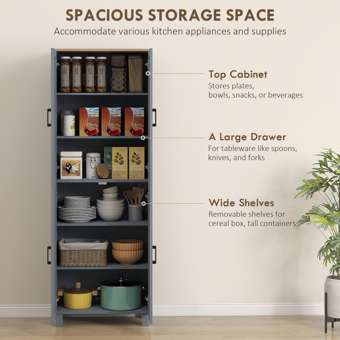 Modern Kitchen Cupboard Storage Cabinet with 4 Shelves, Grey