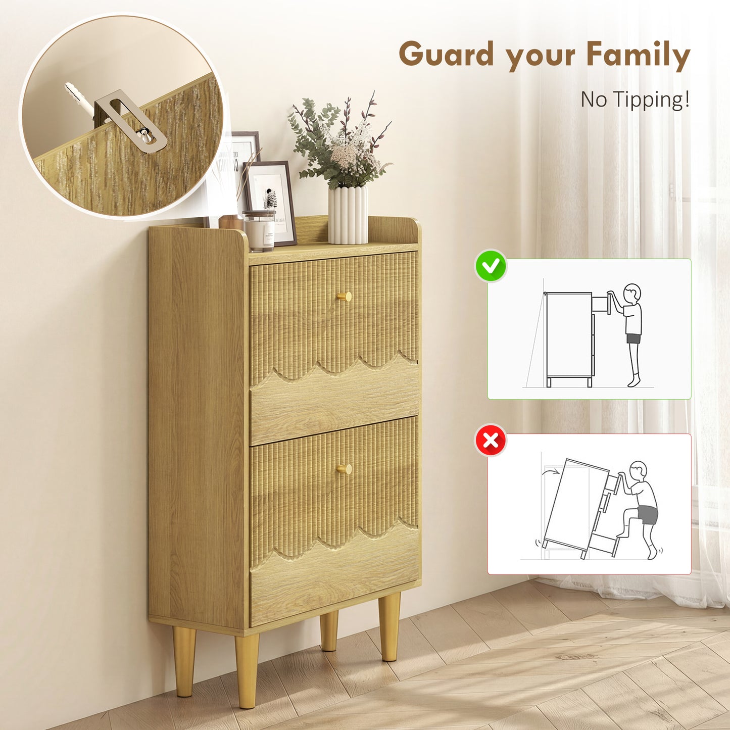 Narrow Shoe Cabinet, Shoe Storage Cabinet with 2 Flip Drawers, Oak