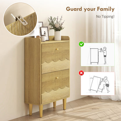 Narrow Shoe Cabinet, Shoe Storage Cabinet with 2 Flip Drawers, Oak