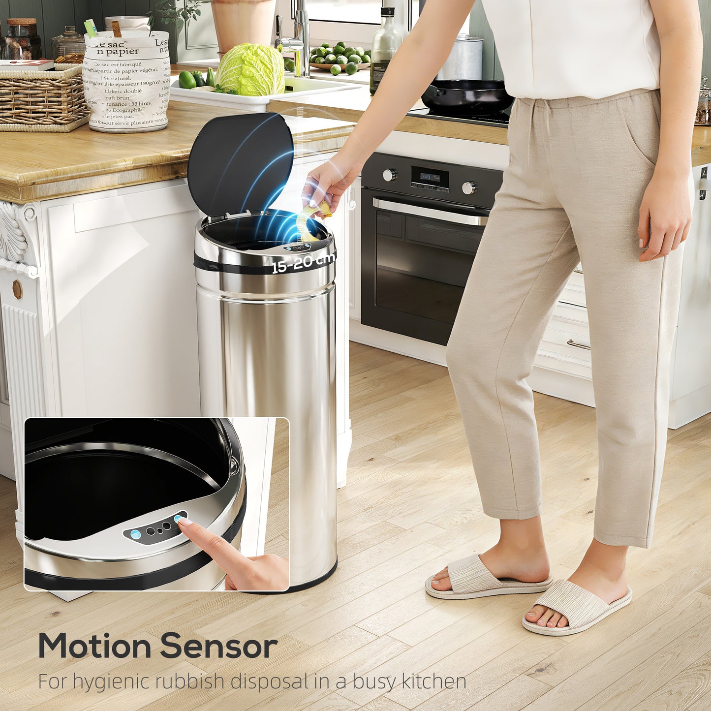 50L Sensor Bin, Stainless Steel Kitchen Bin with Automatic Close