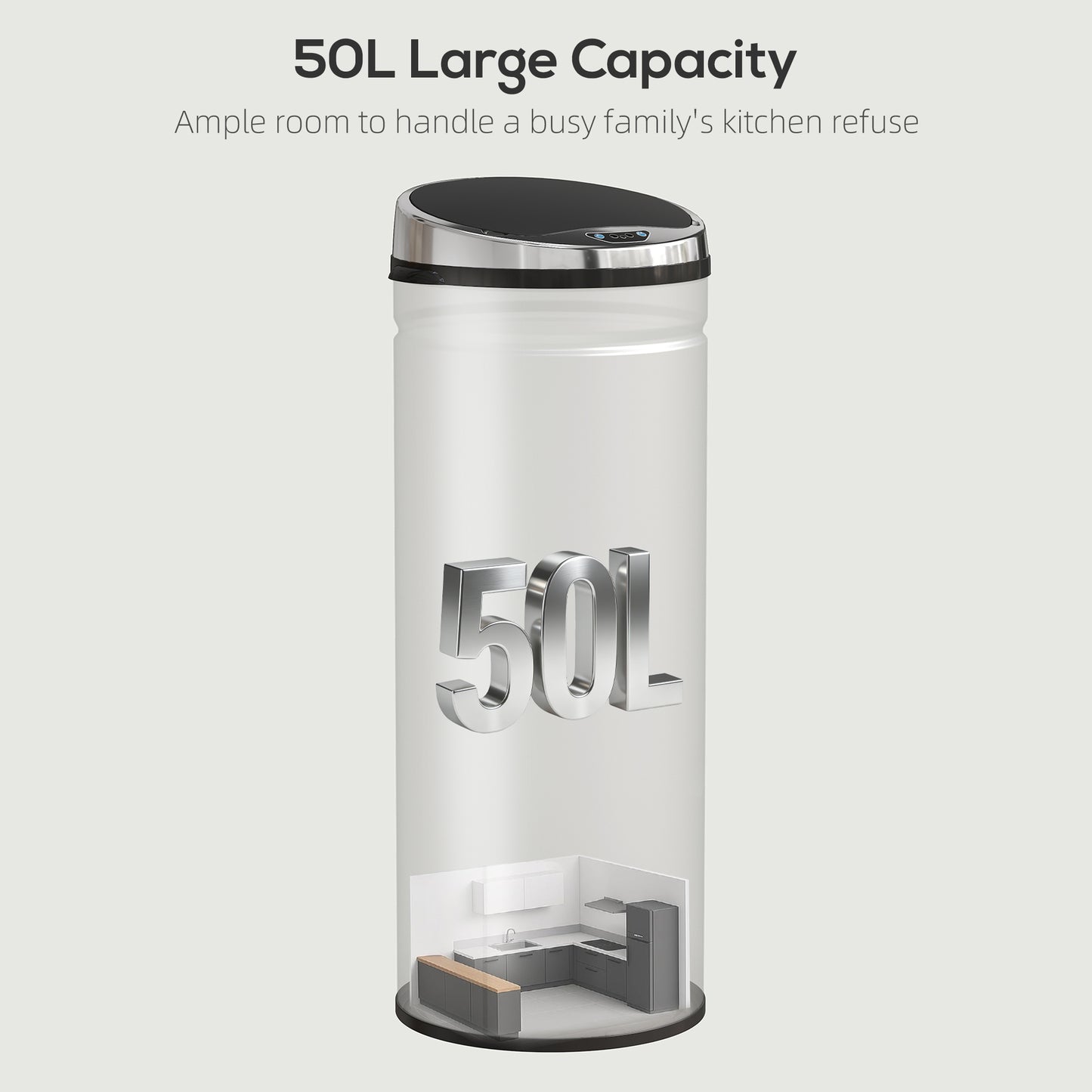 50L Sensor Bin, Stainless Steel Kitchen Bin with Automatic Close