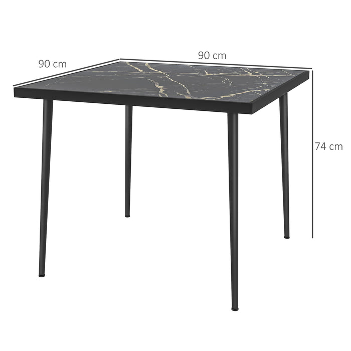 Square Garden Table, Outdoor Dining Table for 4 with Marble Effect Tempered Glass Top and Steel Frame for Patio, Black