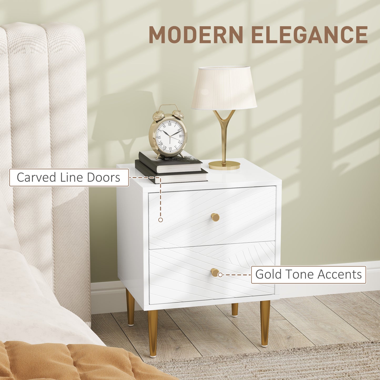 Modern Bedside Table with Drawer, Side Table with Metal Legs, White