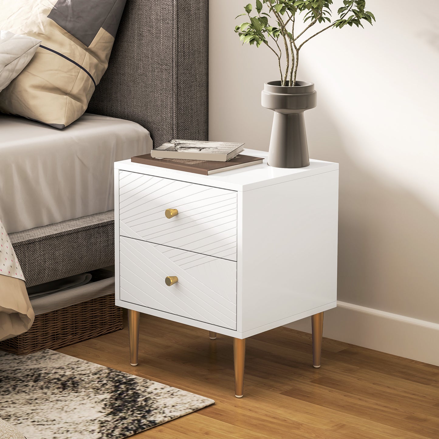 Modern Bedside Table with Drawer, Side Table with Metal Legs, White