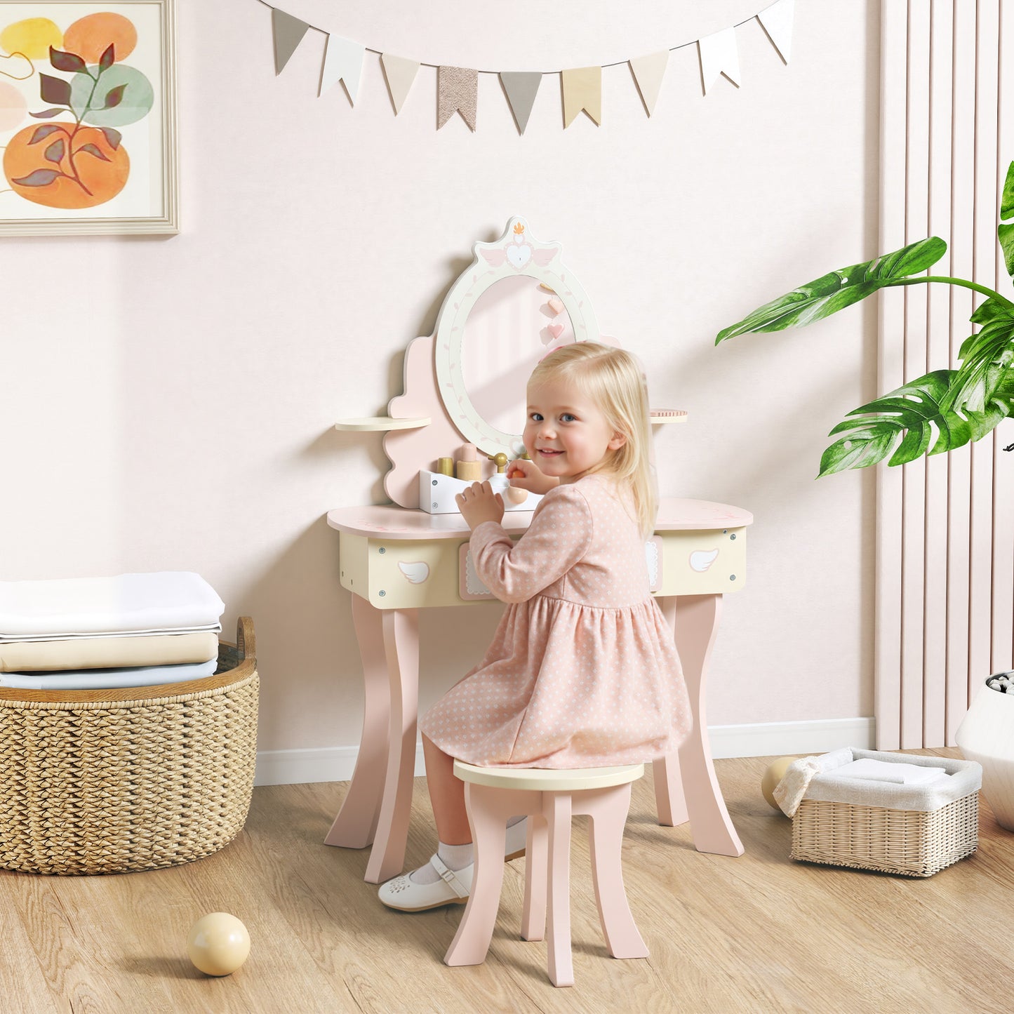 Kids Dressing Table, Girls Vanity Set w/ Stool, 7 Play Accessories