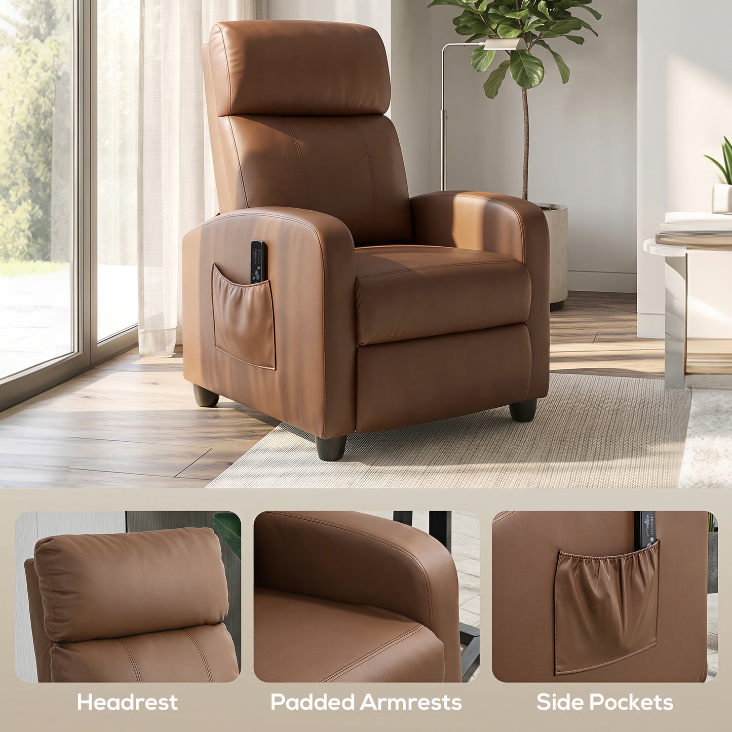 Recliner Sofa Chair PU Leather Massage Armcair w/ Remote, Dark Brown