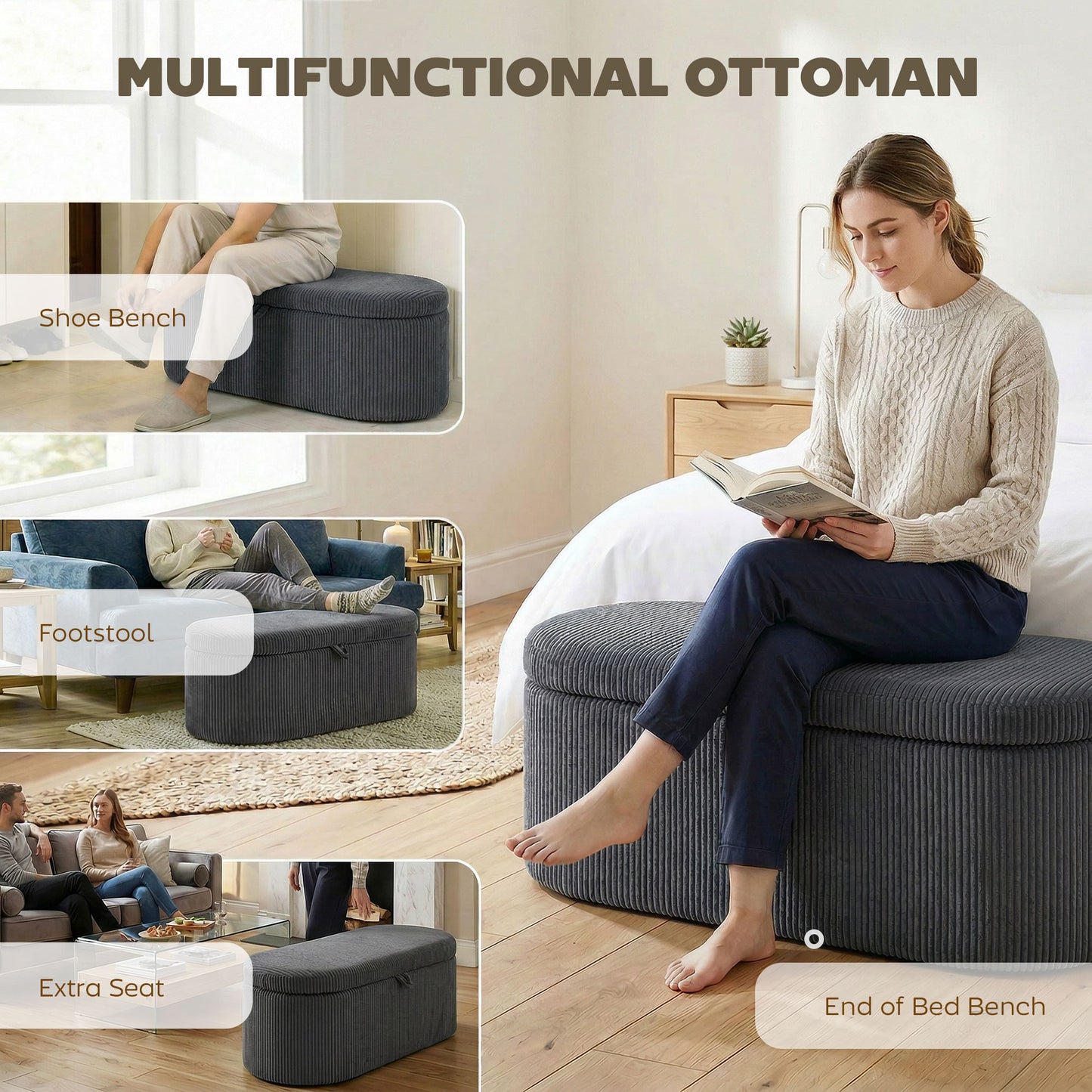 Storage Ottoman, Corduroy Ottoman Storage Box with Padded Seat