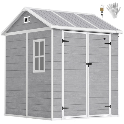 6 x 6ft Garden Shed with Floor, Window, Lockable Doors and Vents, Wood Effect Resin Tool Shed for Outdoor Patio, Grey
