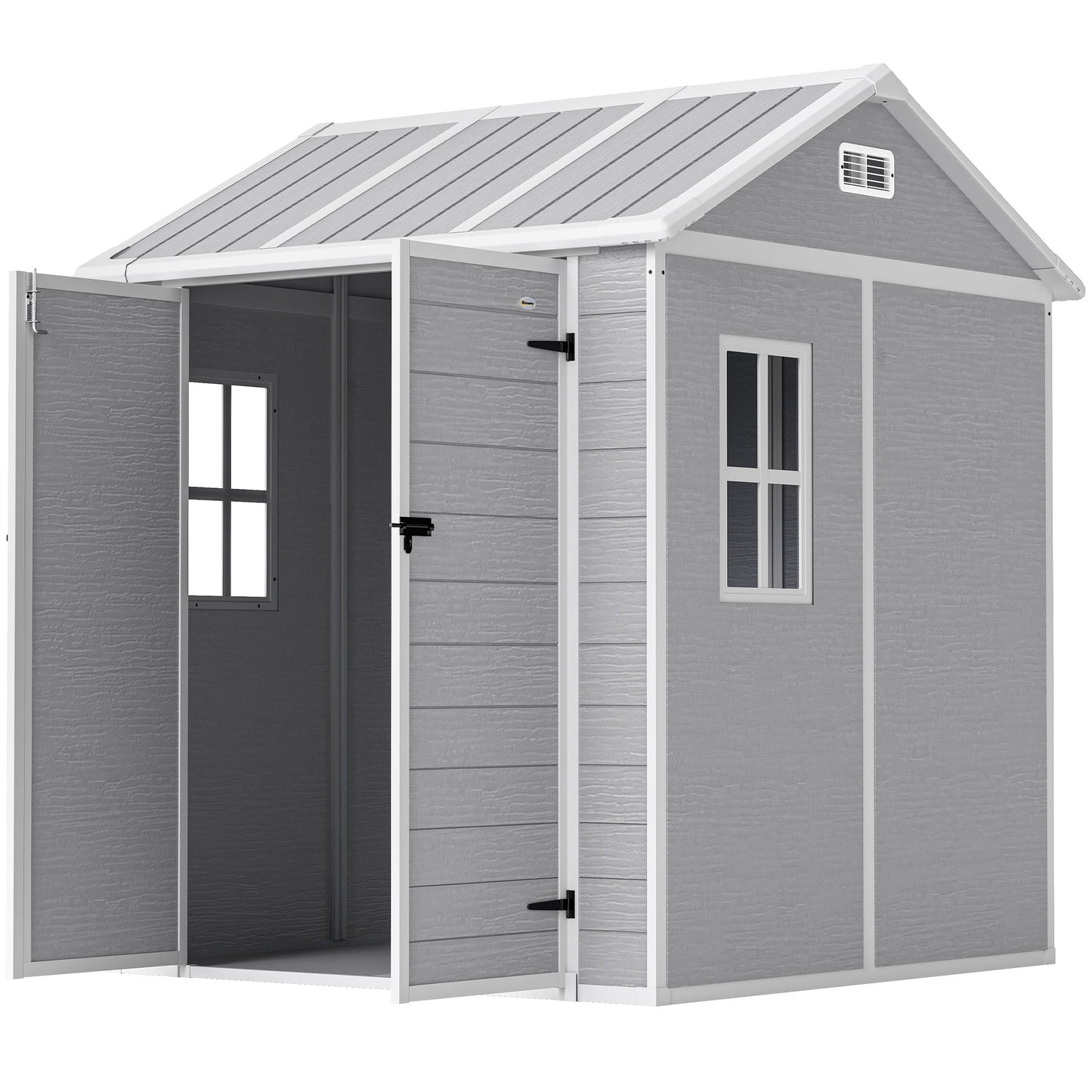 6 x 6ft Garden Shed with Floor, Window, Lockable Doors and Vents, Wood Effect Resin Tool Shed for Outdoor Patio, Grey