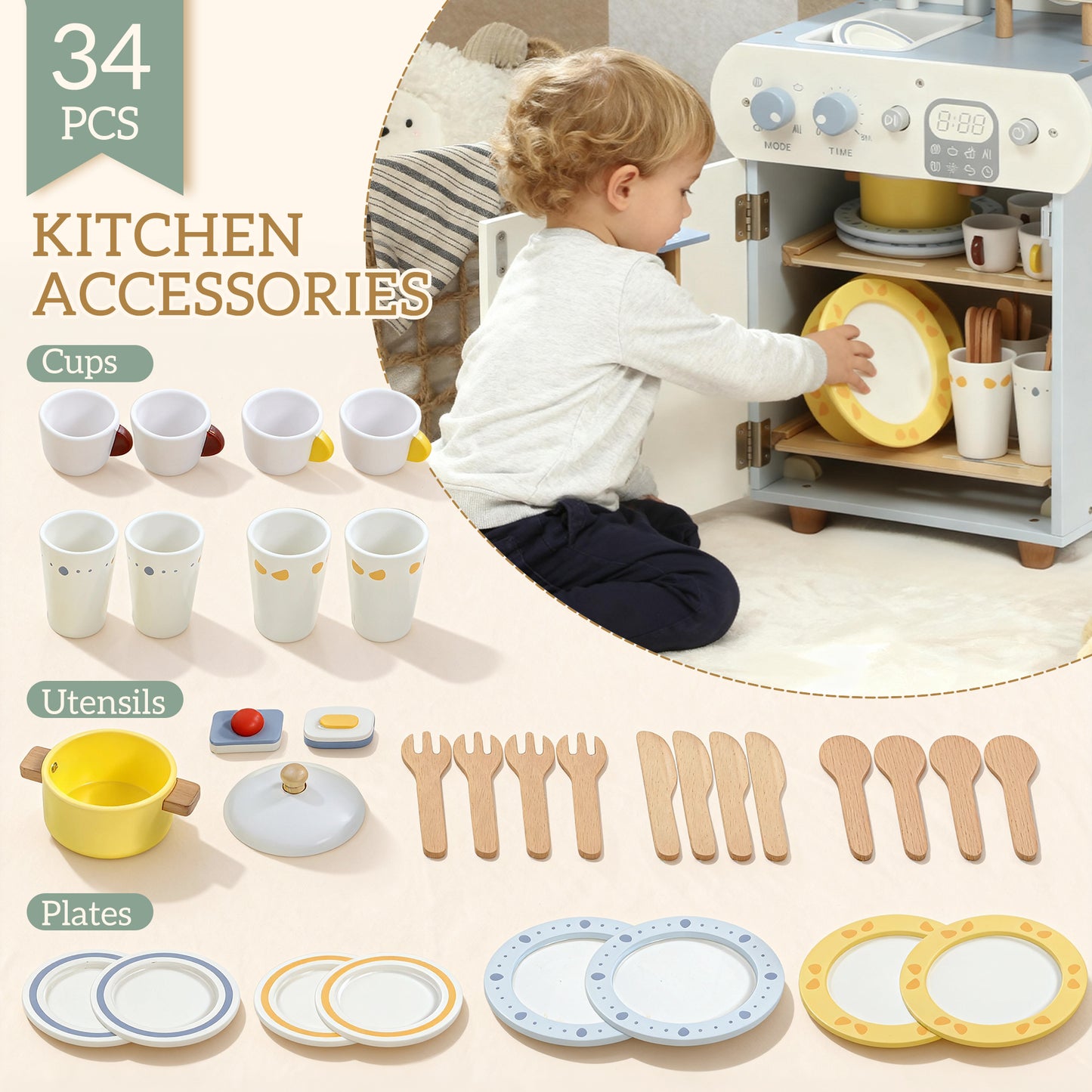 Wooden Dishwasher Playset, Kitchen Sink Toys with Accessories