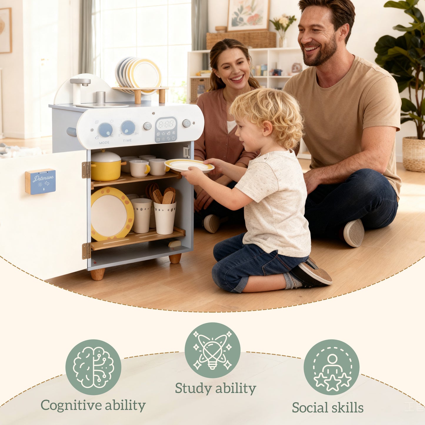 Wooden Dishwasher Playset, Kitchen Sink Toys with Accessories