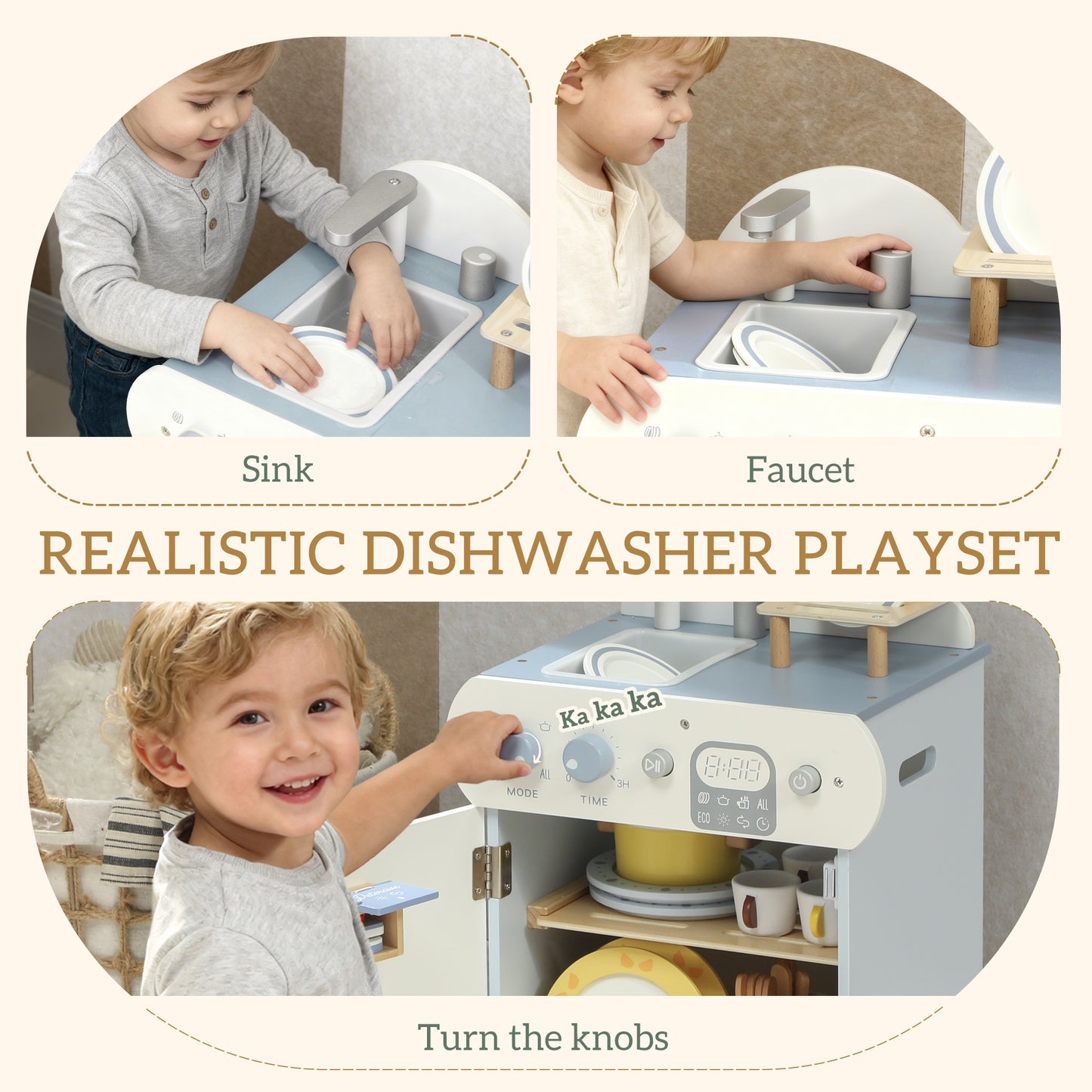 Wooden Dishwasher Playset, Kitchen Sink Toys with Accessories