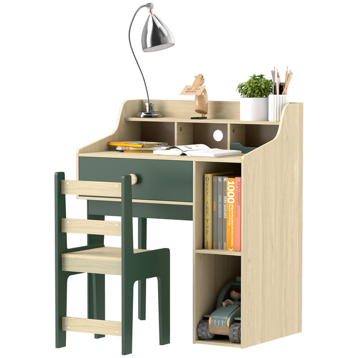 Kids Desk and Chair Set with Storage Shelves, Drawer, Green