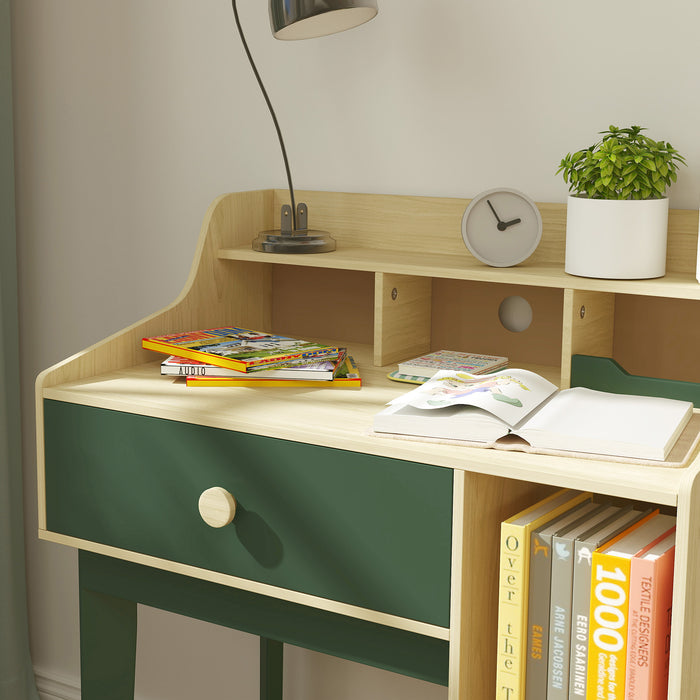 Kids Desk and Chair Set with Storage Shelves, Drawer, Green